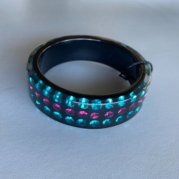 FAC Black Resin Teal Fuchsia Crystal Inlayed Bracelet - Picture 3 of 6